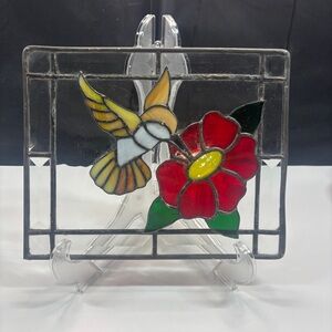 Handcrafted Stained Glass Humming Bird 10.5”X 8” Beveled Glass Sun Catcher Panel